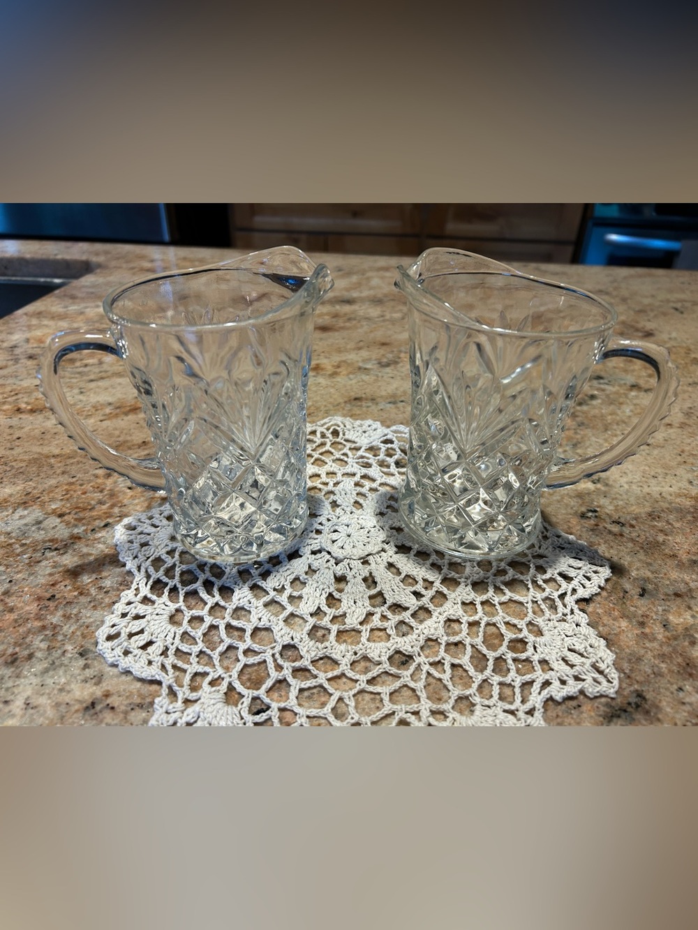 (2) Anchor Hocking Prescot Syrup Pitcher "Pineapple & Fan" pattern 1960s. 5.5”H